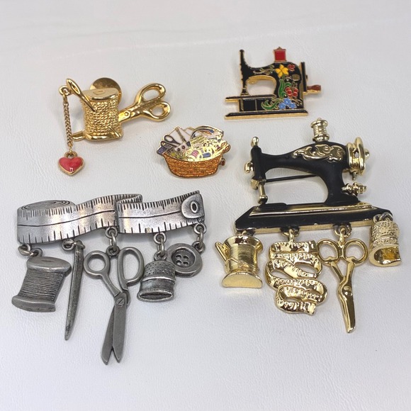 Estate Jewelry - Vintage Sewing Brooch Pin Lot JJ AJC Avon Sewing Machine Scissors Thimble 5pc